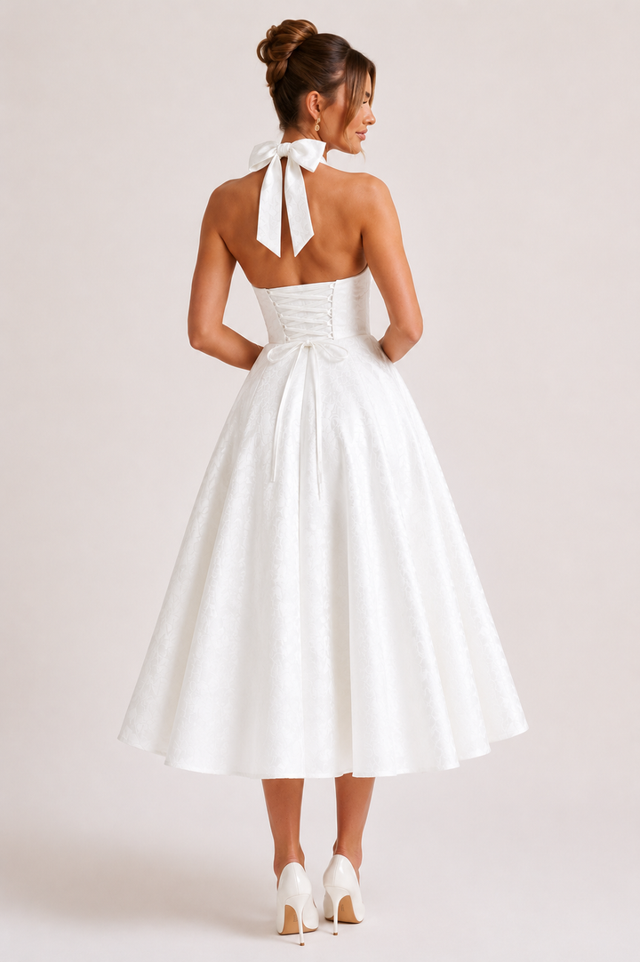 Vestido midi mujer cuello halter falda amplia elegante - Elodie