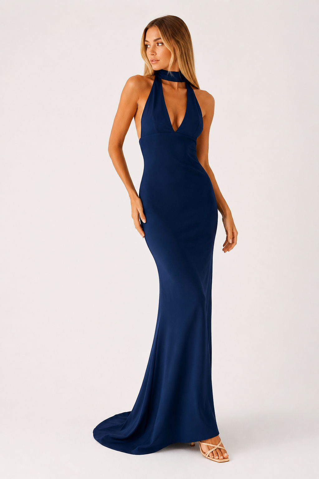 Vestido largo mujer cuello halter escote profundo elegante - Alessa