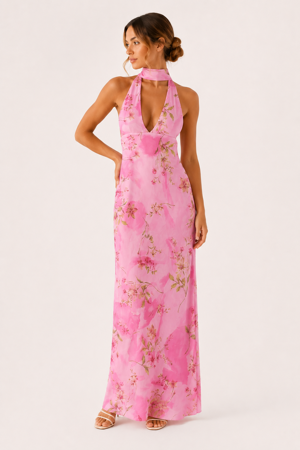 Vestido largo mujer cuello halter escote profundo elegante - Alessa