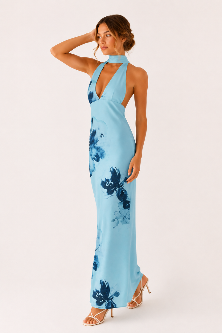 Vestido largo mujer cuello halter escote profundo elegante - Alessa