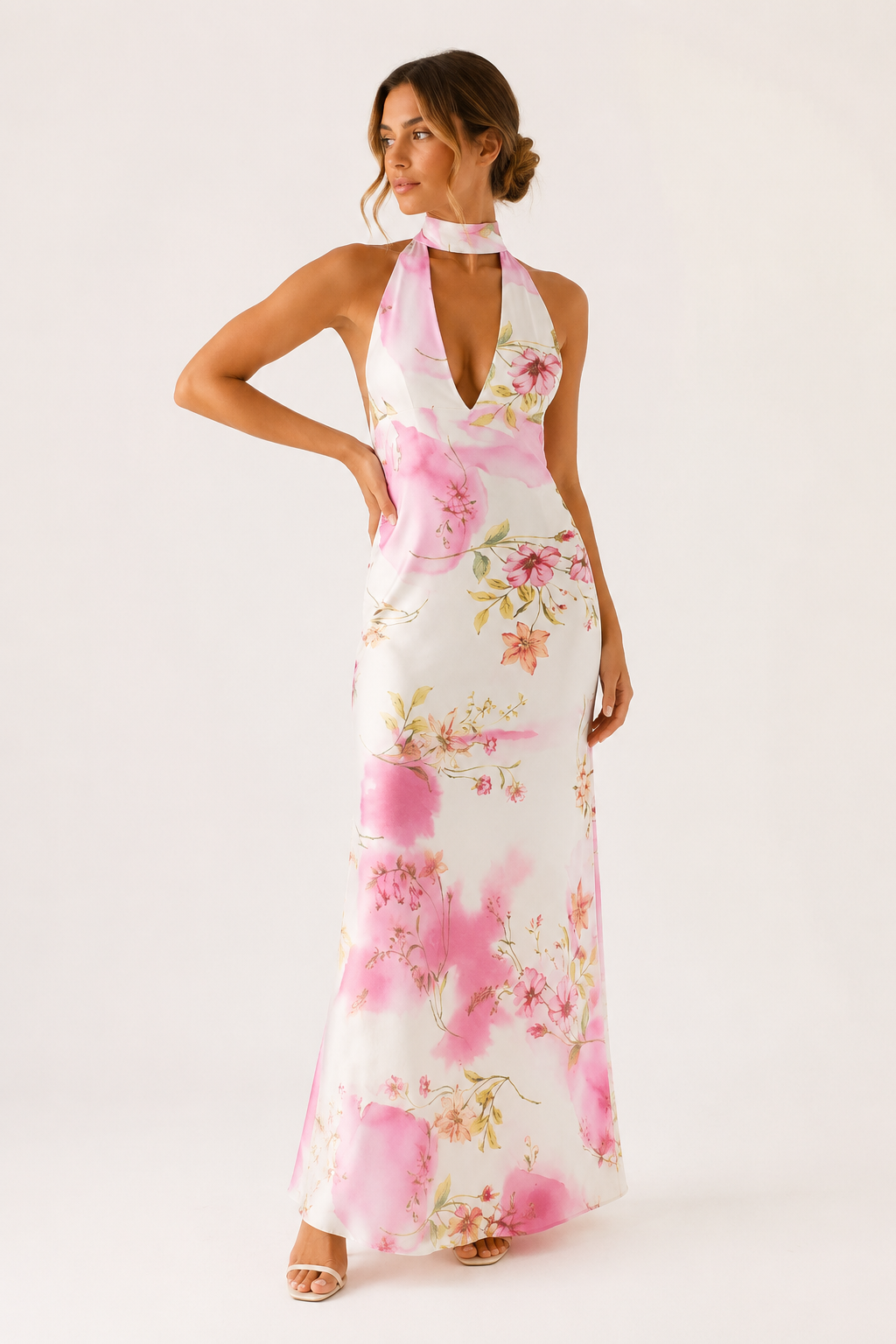 Vestido largo mujer cuello halter escote profundo elegante - Alessa