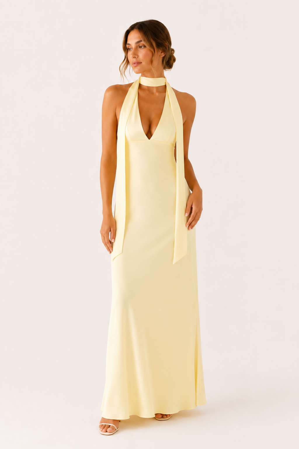 Vestido largo mujer cuello halter escote profundo elegante - Alessa