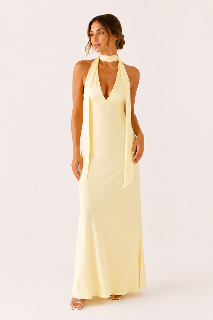 Vestido largo mujer cuello halter escote profundo elegante - Alessa