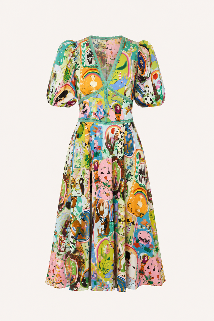 Vestido midi mujer estampado colorido manga abullonada verano - Matilda