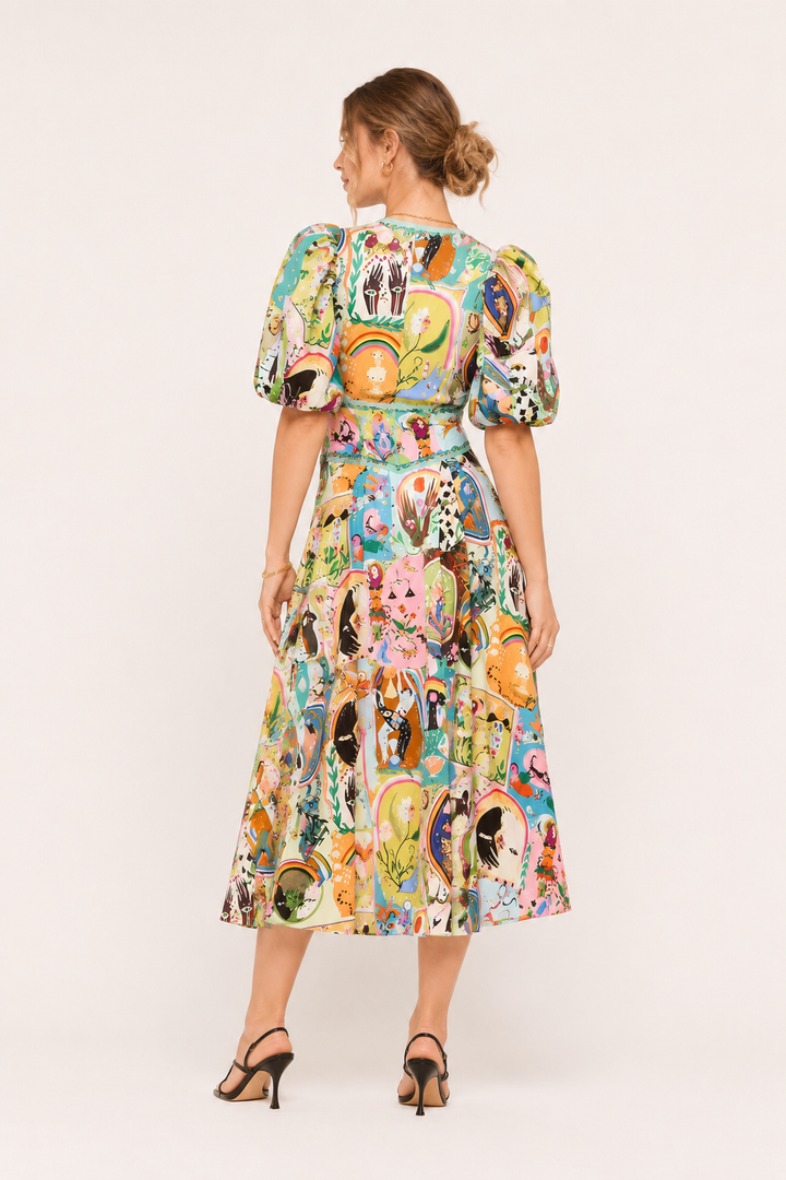 Vestido midi mujer estampado colorido manga abullonada verano - Matilda