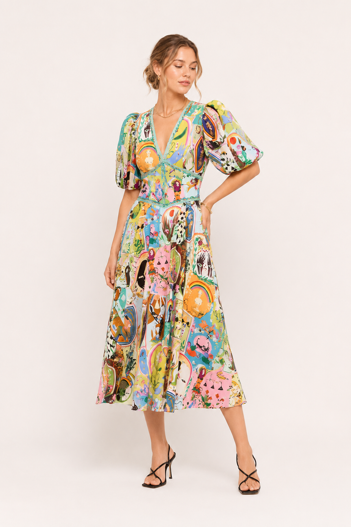 Vestido midi mujer estampado colorido manga abullonada verano - Matilda