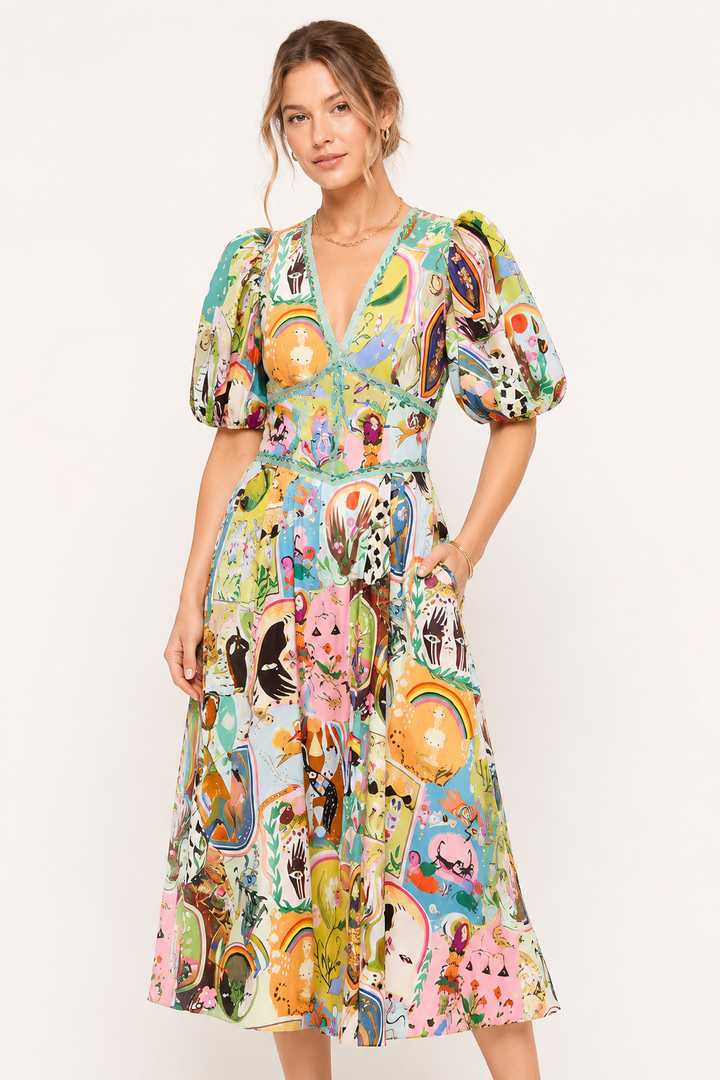 Vestido midi mujer estampado colorido manga abullonada verano - Matilda