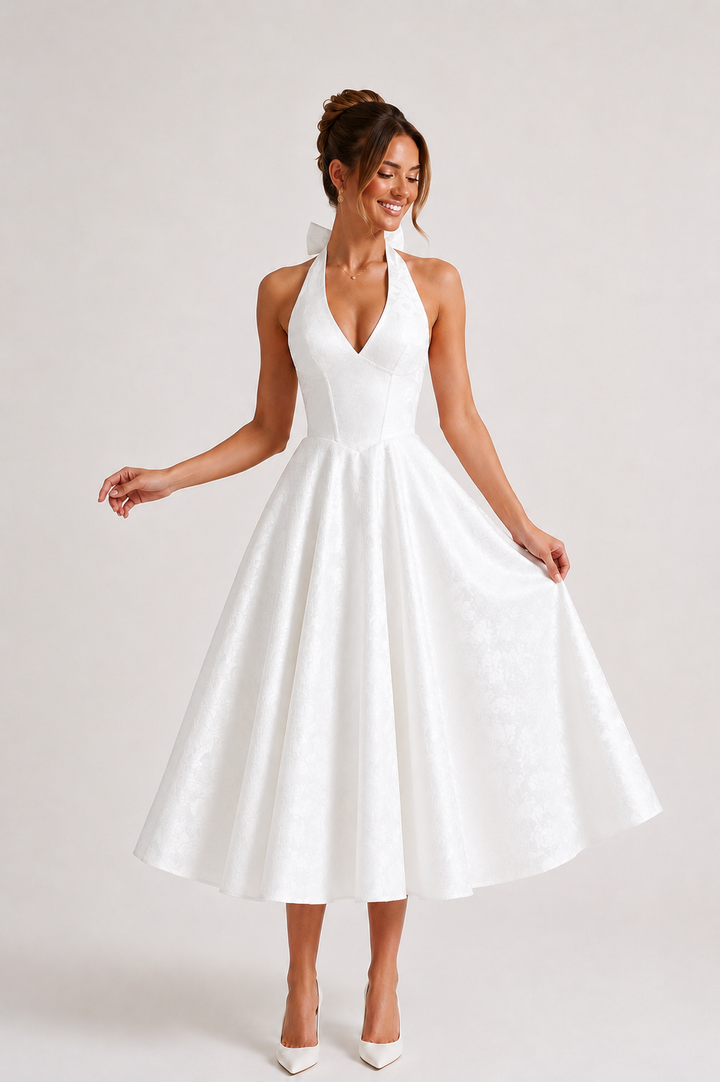 Vestido midi mujer cuello halter falda amplia elegante - Elodie