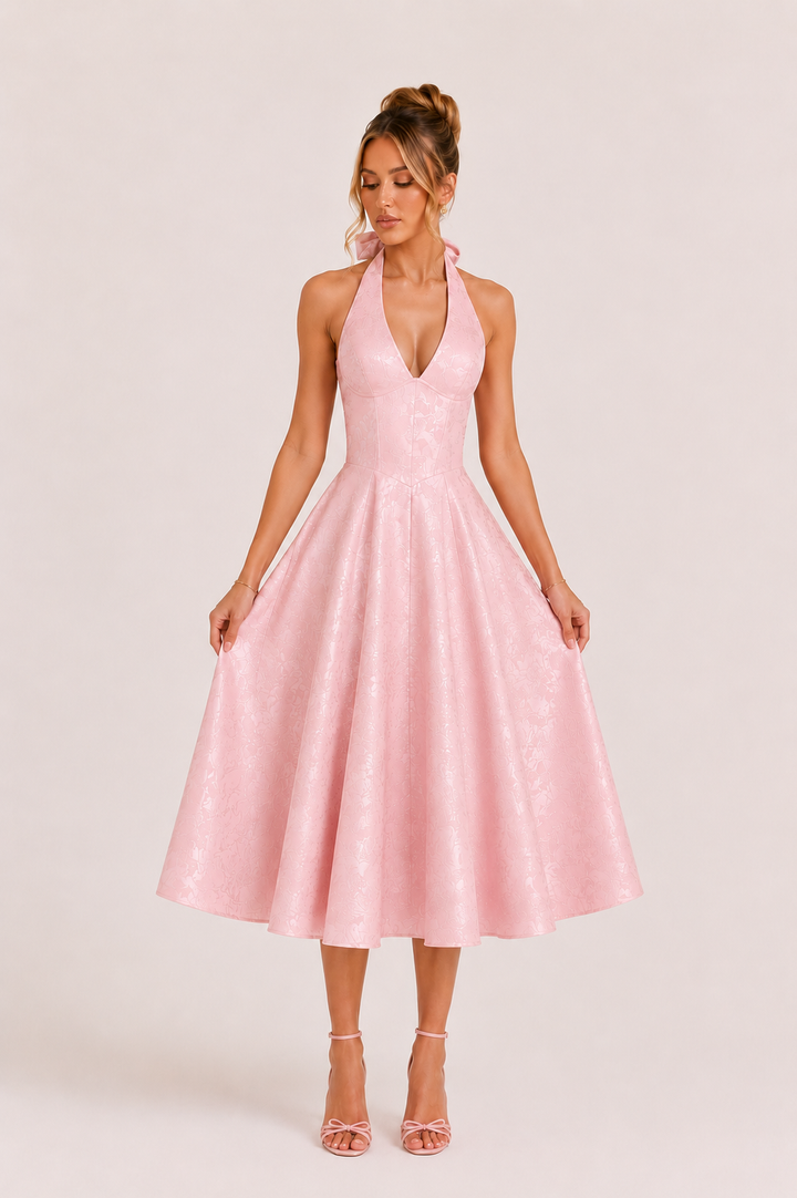 Vestido midi mujer cuello halter falda amplia elegante - Elodie