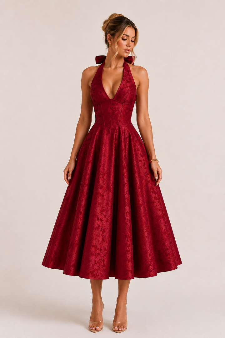 Vestido midi mujer cuello halter falda amplia elegante - Elodie