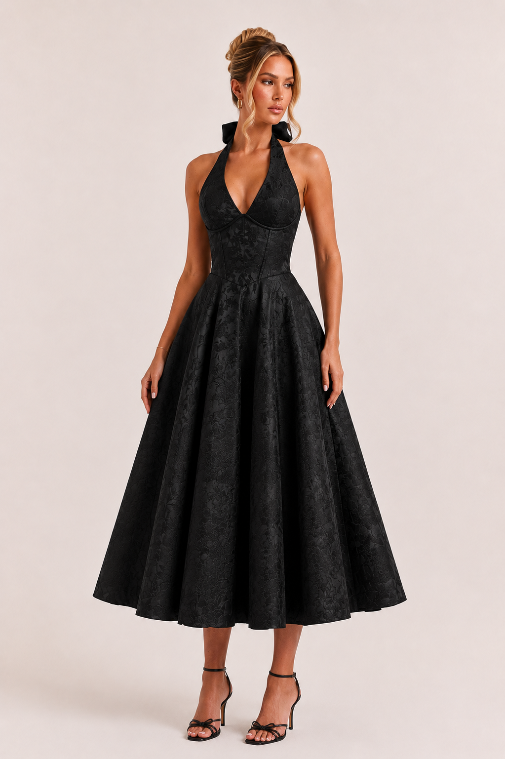 Vestido midi mujer cuello halter falda amplia elegante - Elodie