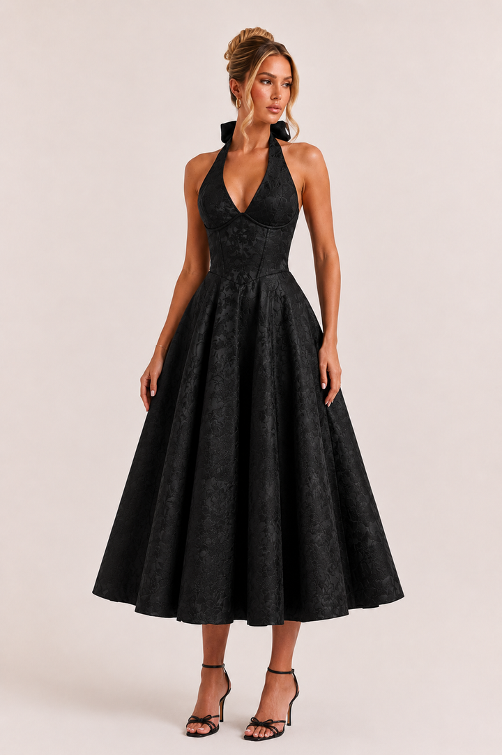 Vestido midi mujer cuello halter falda amplia elegante - Elodie