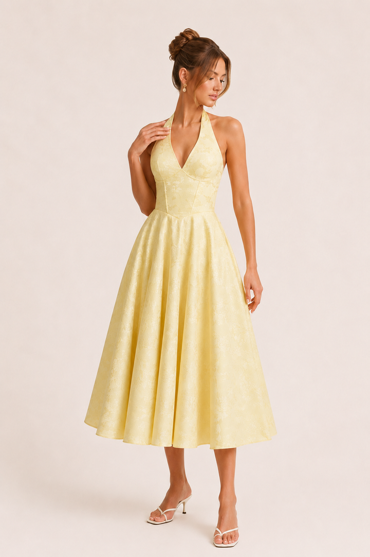 Vestido midi mujer cuello halter falda amplia elegante - Elodie