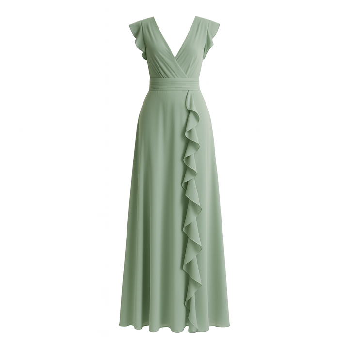 Vestido mujer largo escote V volantes elegante estilo fiesta verano - Isolda