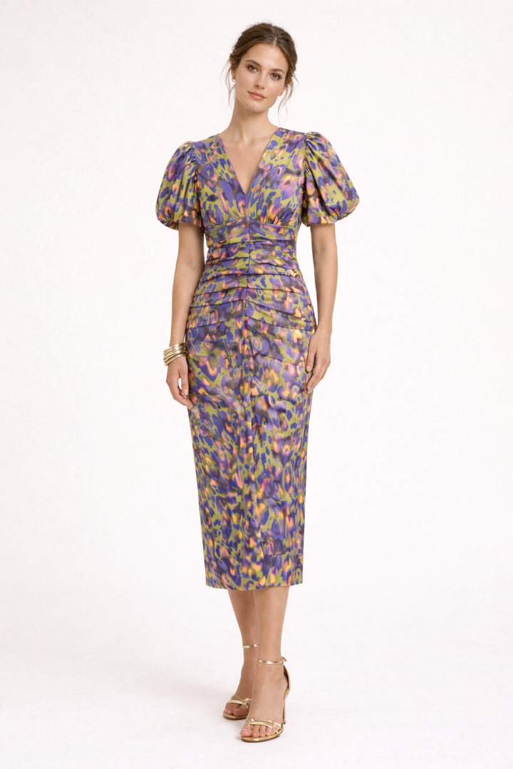 Vestido midi estampado con manga abullonada escote V - Sarah