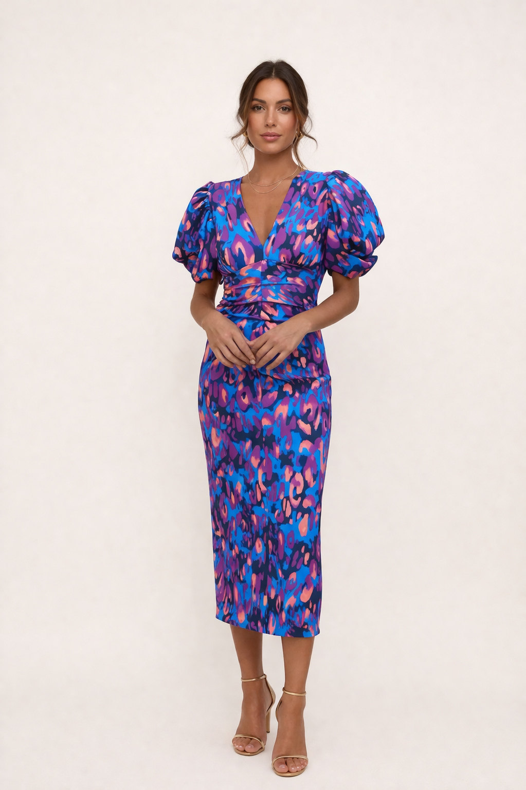 Vestido midi estampado con manga abullonada escote V - Sarah