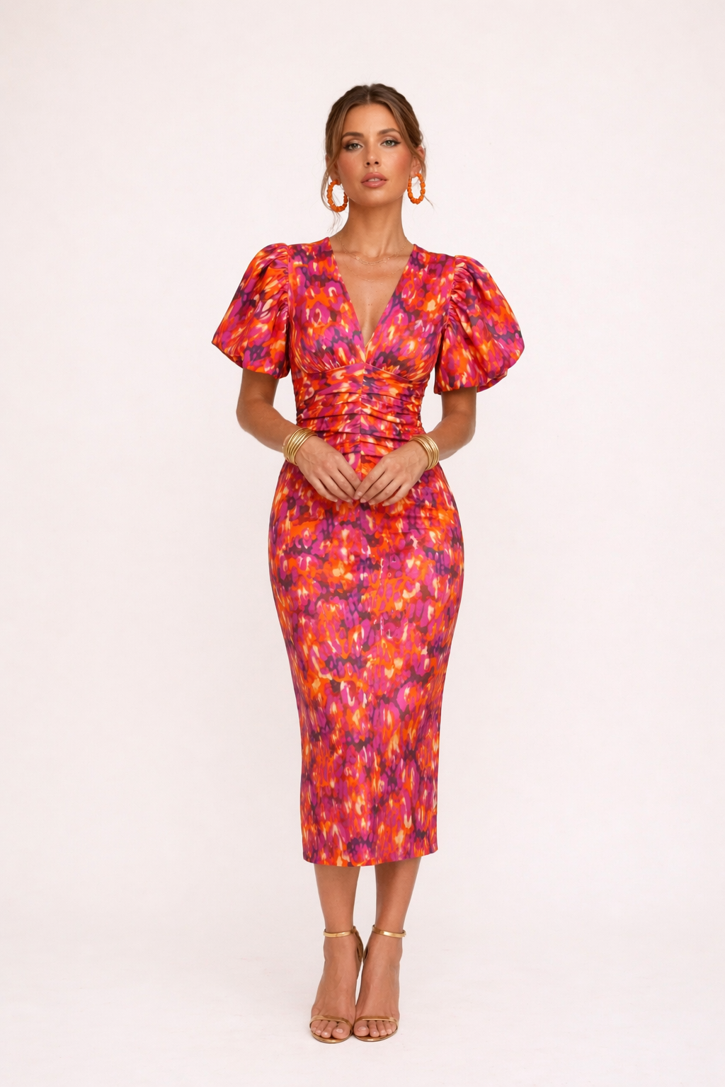 Vestido midi estampado con manga abullonada escote V - Sarah