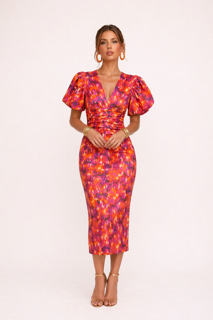 Vestido midi estampado con manga abullonada escote V - Sarah