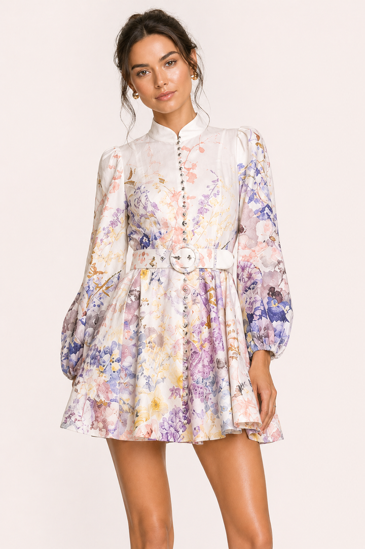 Vestido corto mujer floral elegante manga larga - Candice
