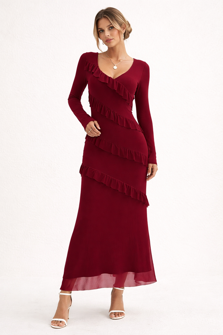 Vestido largo mujer manga larga con detalle de volantes ajuste entallado - Victoria