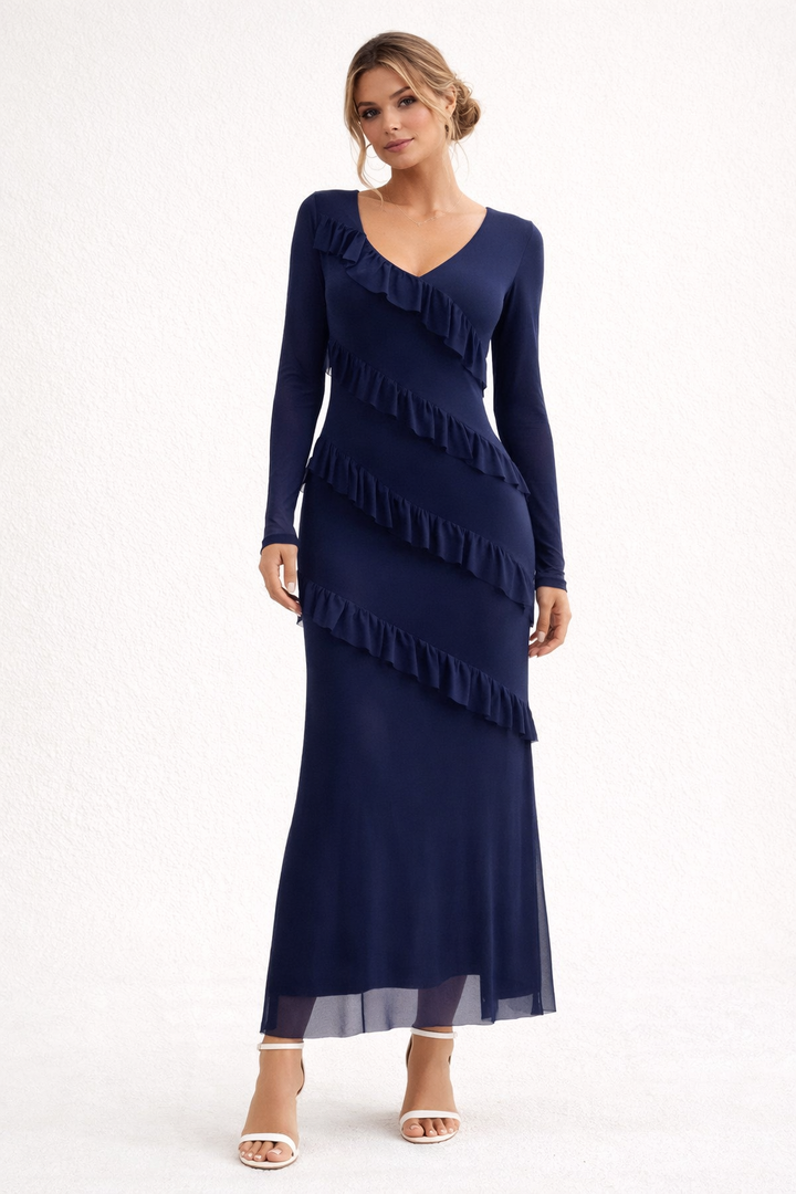 Vestido largo mujer manga larga con detalle de volantes ajuste entallado - Victoria