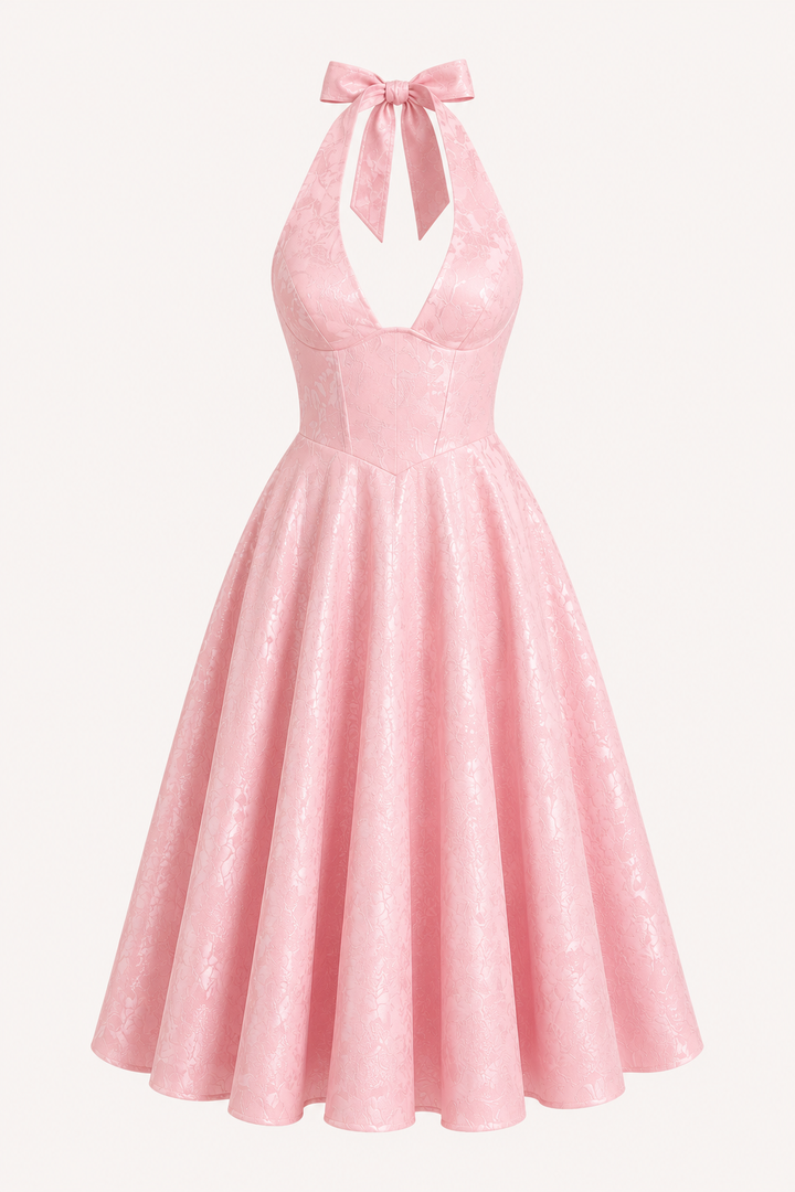Vestido midi mujer cuello halter falda amplia elegante - Elodie