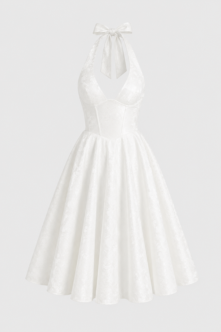 Vestido midi mujer cuello halter falda amplia elegante - Elodie