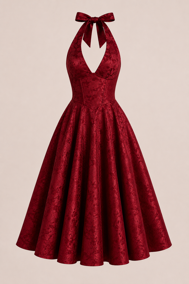 Vestido midi mujer cuello halter falda amplia elegante - Elodie