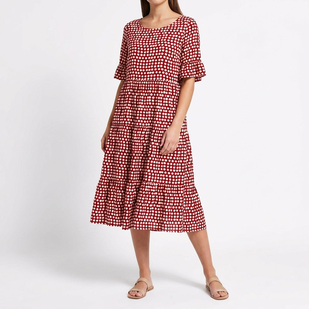 Coral | Vestido Midi Escalonado Manga Volante Mujer