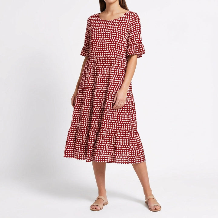 Coral | Vestido Midi Escalonado Manga Volante Mujer