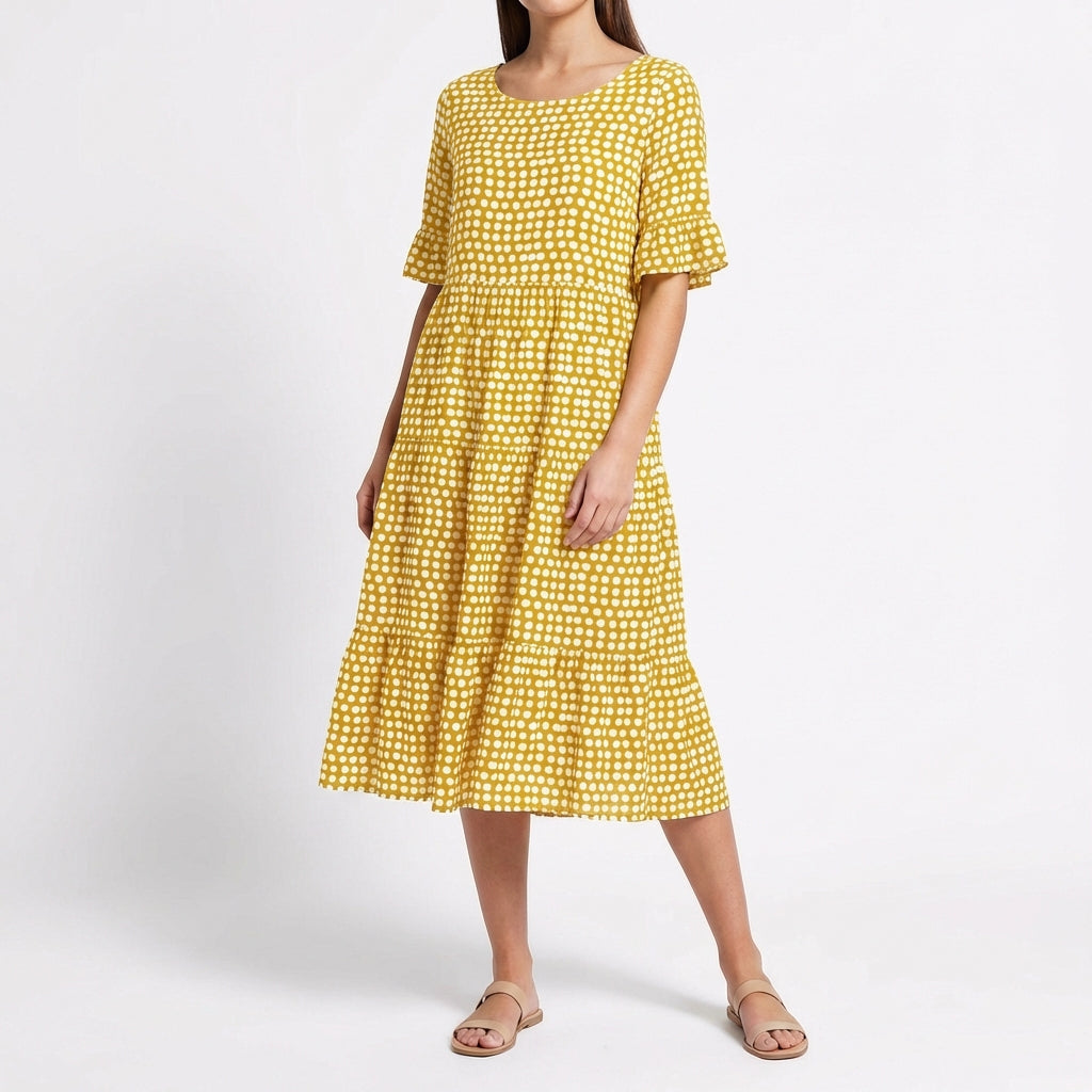 Coral | Vestido Midi Escalonado Manga Volante Mujer