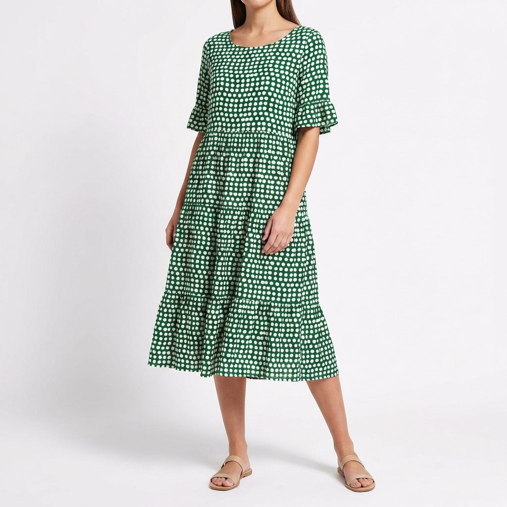 Coral | Vestido Midi Escalonado Manga Volante Mujer
