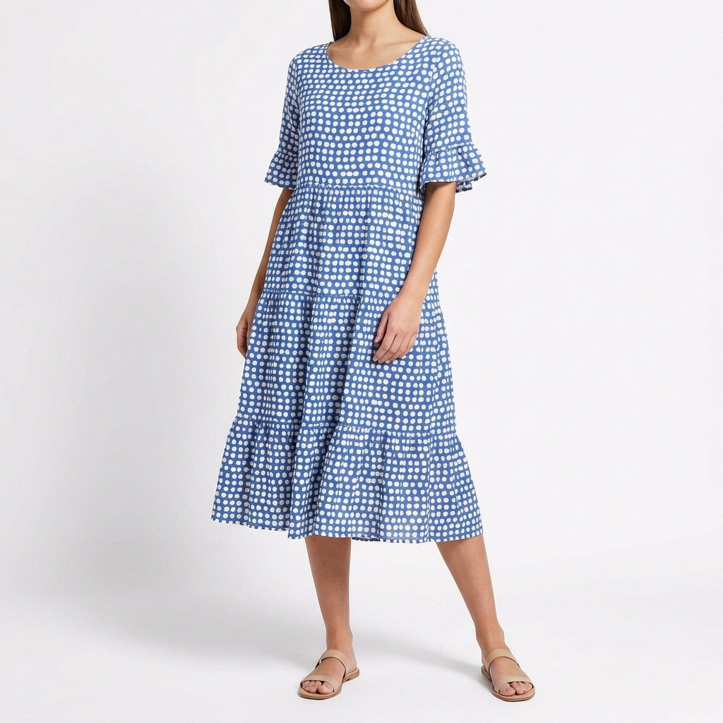 Coral | Vestido Midi Escalonado Manga Volante Mujer