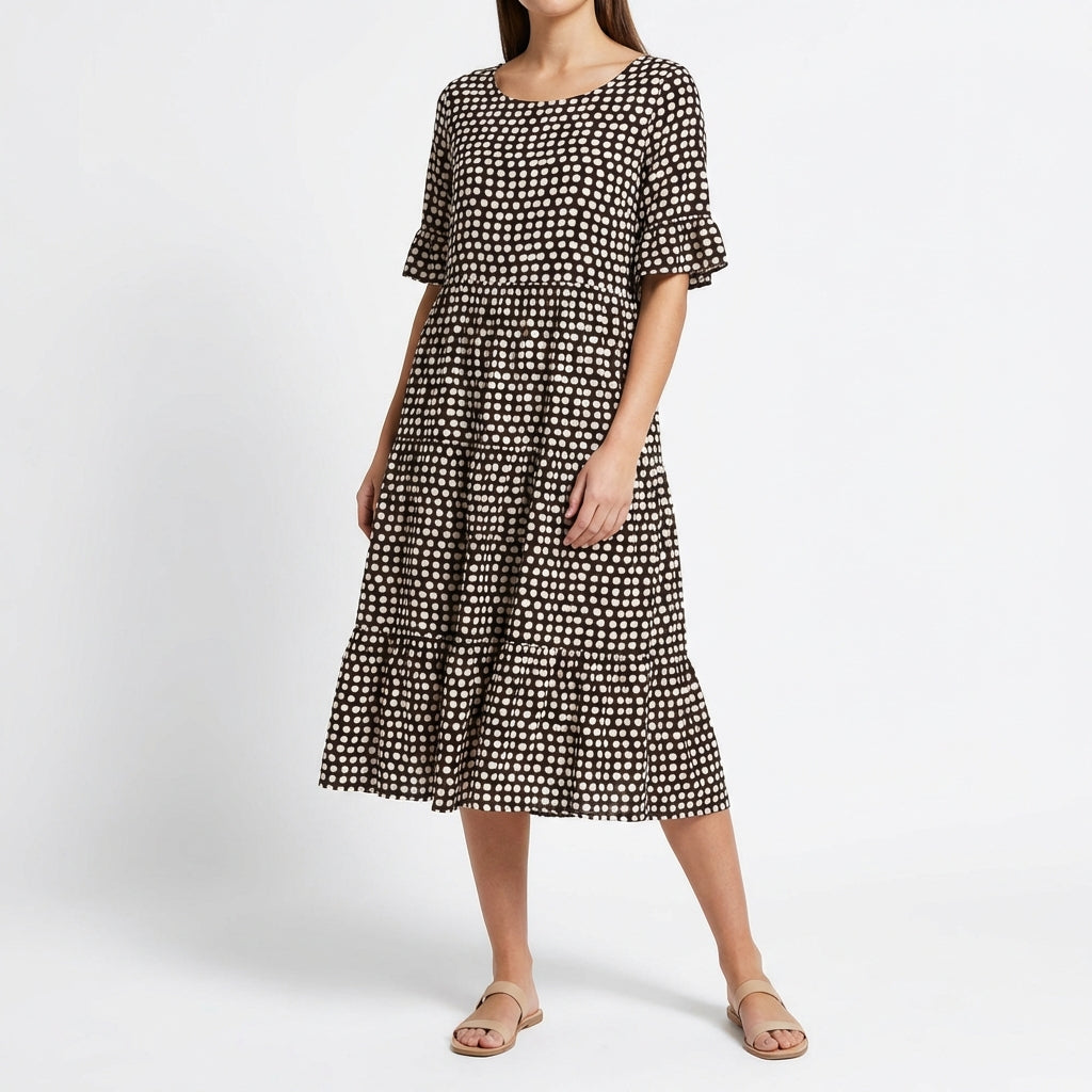 Coral | Vestido Midi Escalonado Manga Volante Mujer