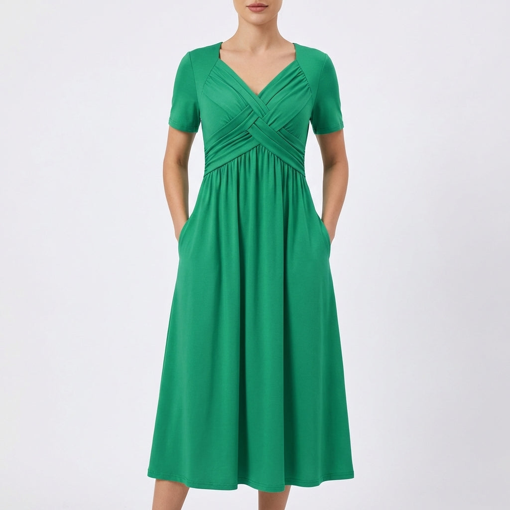 Dulce | Vestido Midi Escote V Manga Corta Mujer