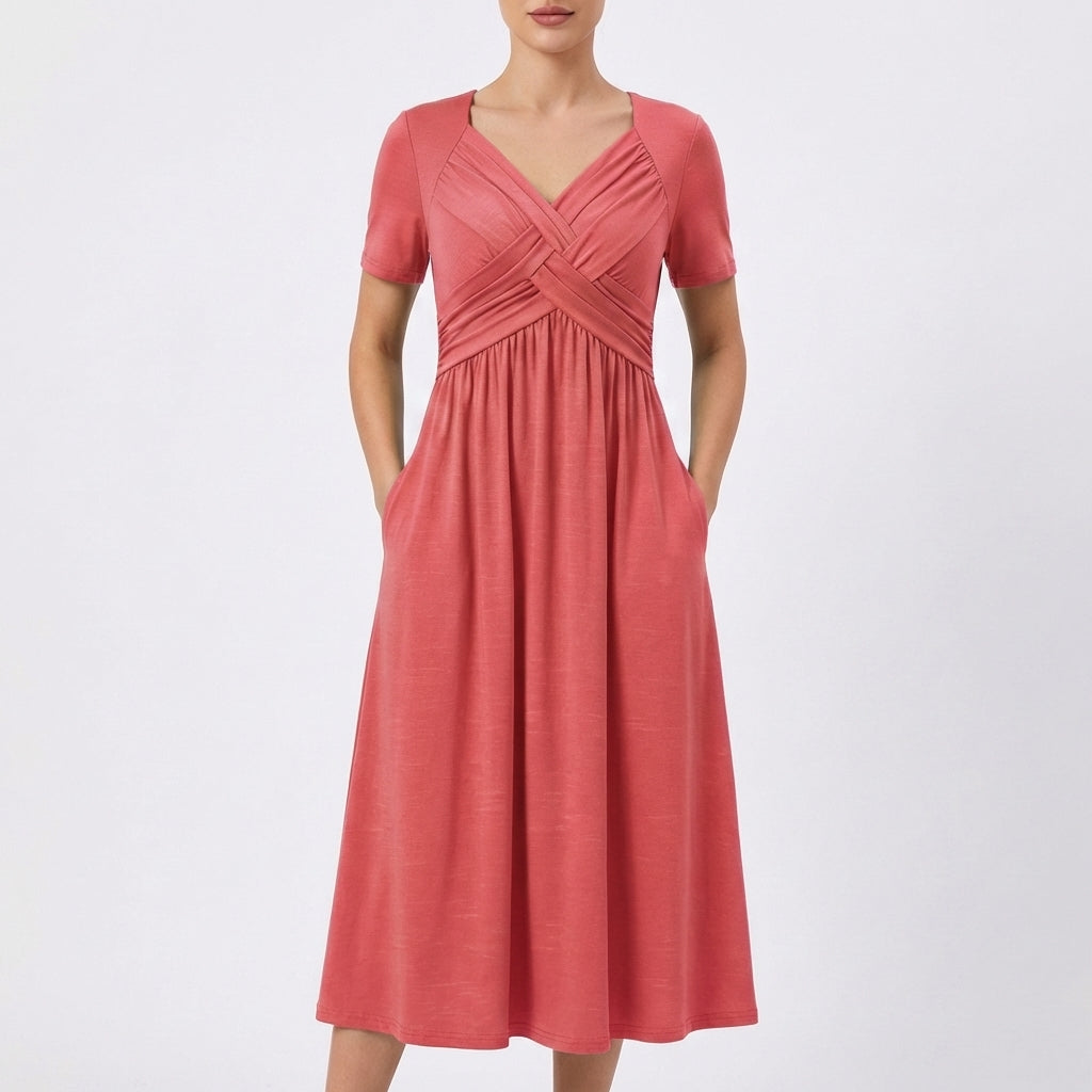 Dulce | Vestido Midi Escote V Manga Corta Mujer