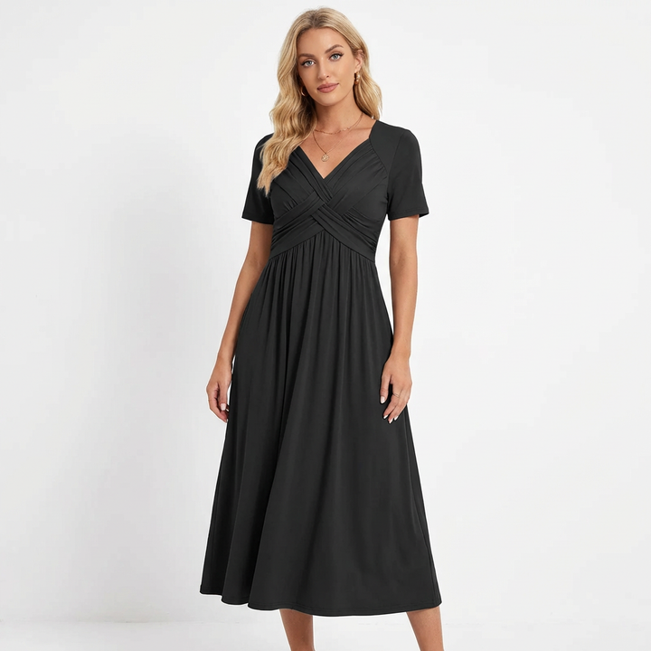 Dulce | Vestido Midi Escote V Manga Corta Mujer