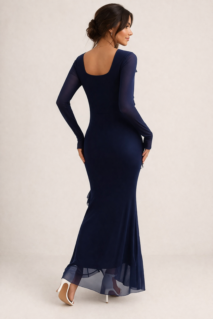 Vestido largo mujer manga larga con detalle de volantes ajuste entallado - Victoria