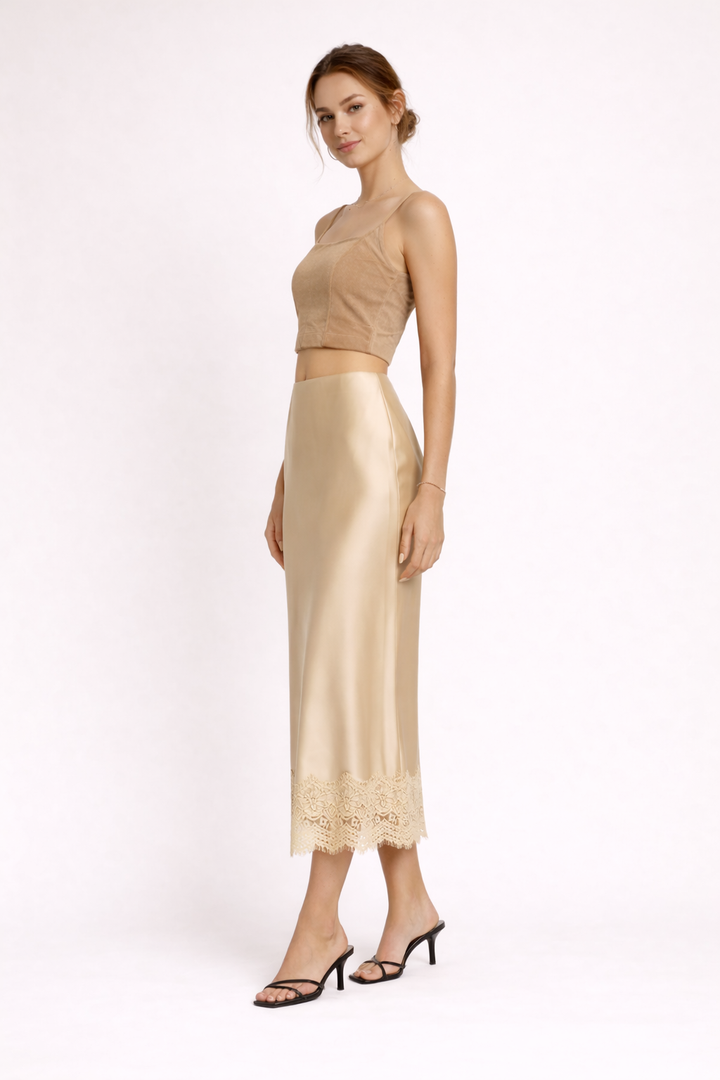 Falda maxi mujer acabado liso detalle encaje estilo elegante - Mireya