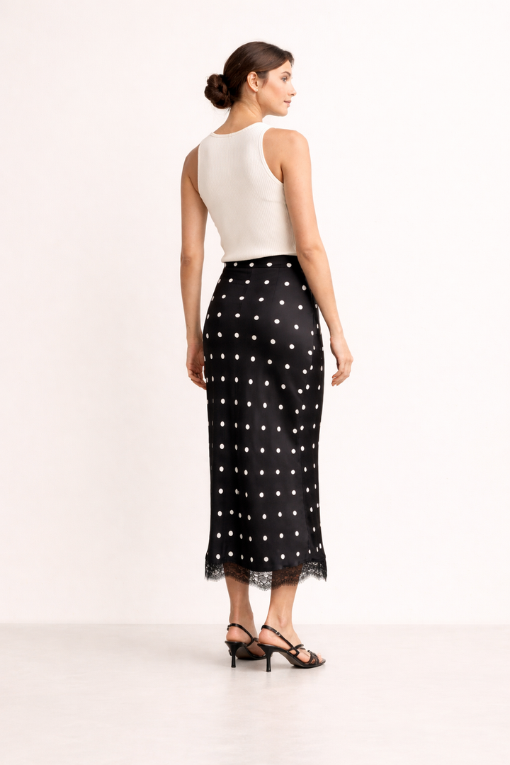 Falda midi mujer estampado lunares detalle encaje estilo elegante - Solenne