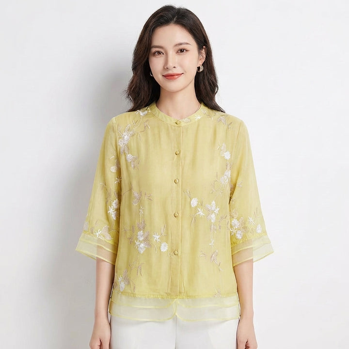 Inés | Blusa Bordada Cuello Mao Manga Tres Cuartos Mujer
