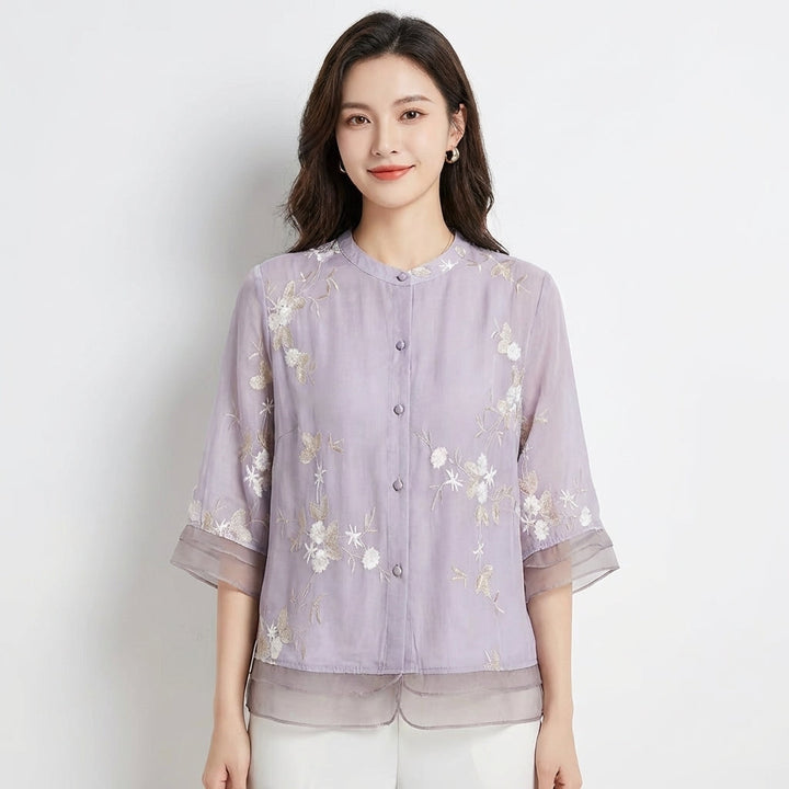 Inés | Blusa Bordada Cuello Mao Manga Tres Cuartos Mujer
