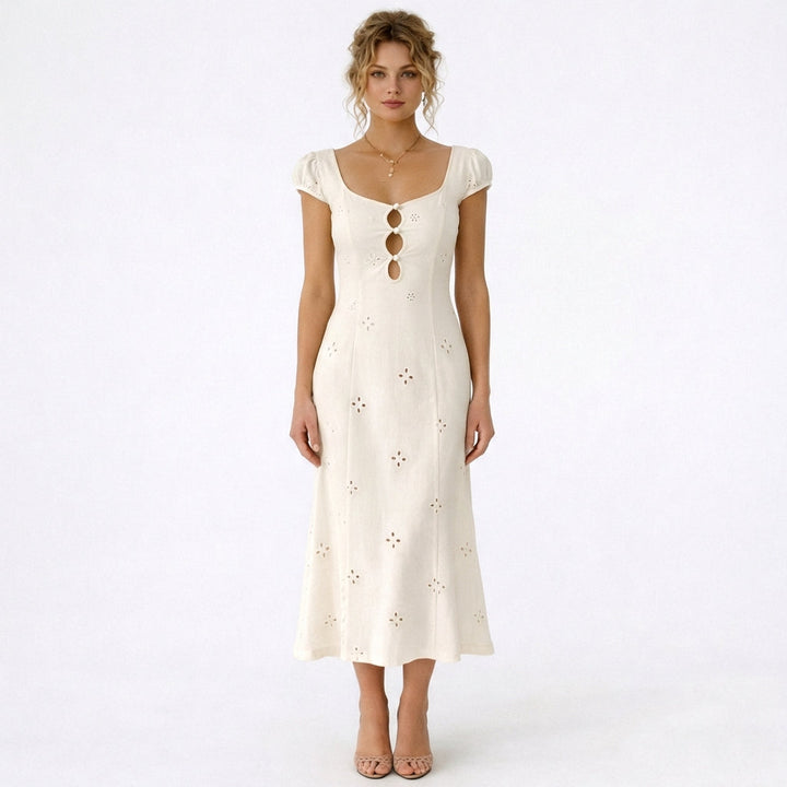 Lucía | Vestido Midi Blanco Bordado Manga Abullonada Mujer