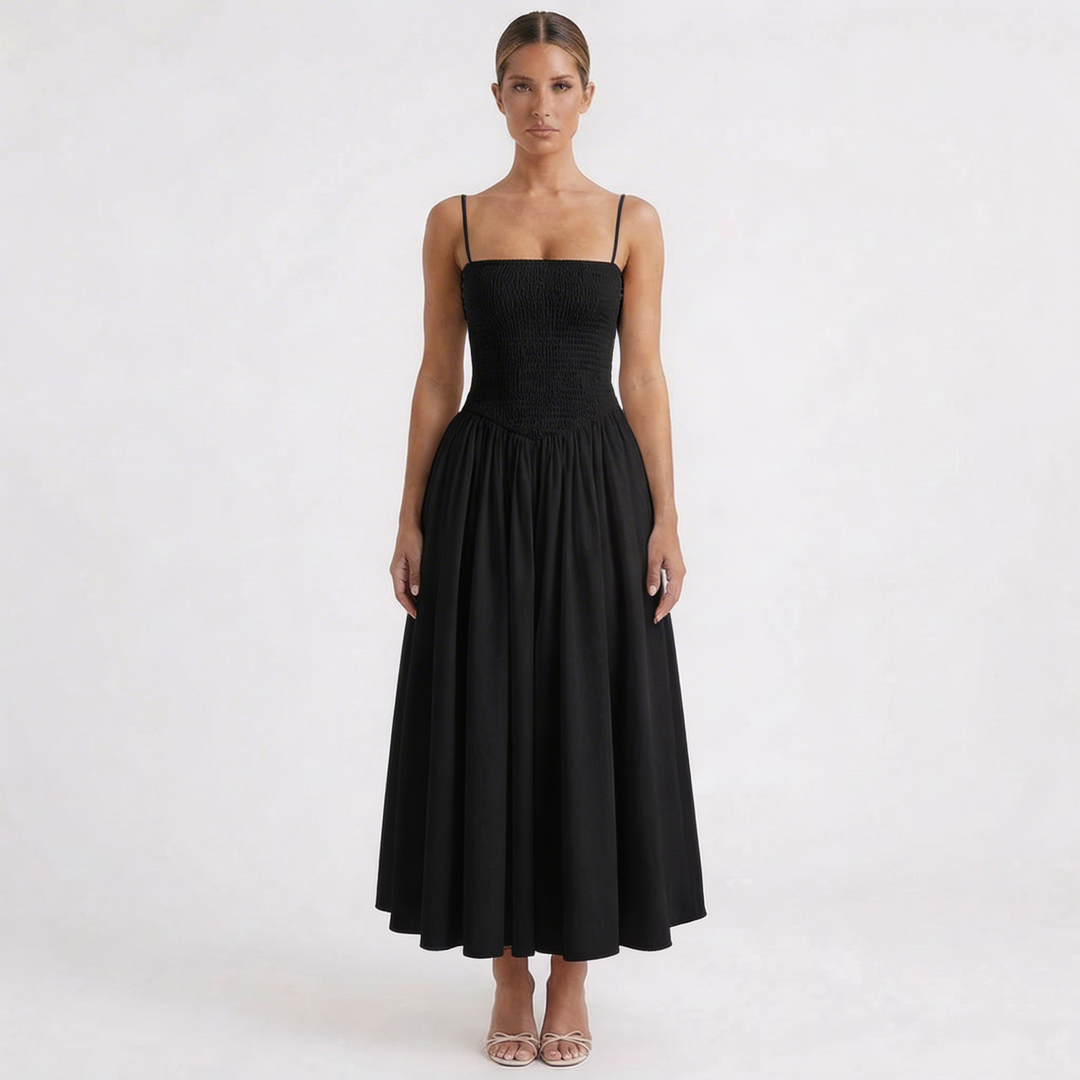 Lucia | Vestido Midi Tirantes Cuerpo Fruncido Falda Vuelo Mujer