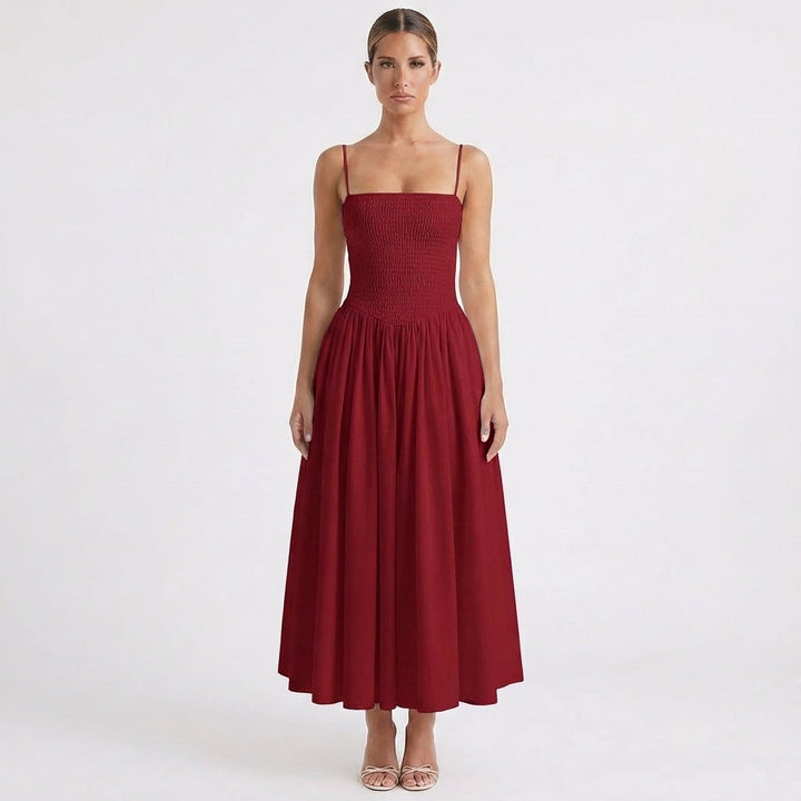 Lucia | Vestido Midi Tirantes Cuerpo Fruncido Falda Vuelo Mujer