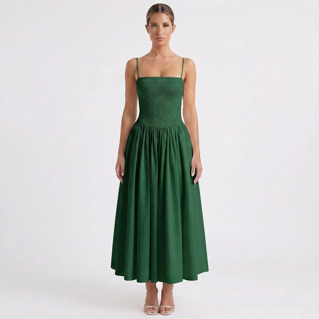 Lucia | Vestido Midi Tirantes Cuerpo Fruncido Falda Vuelo Mujer