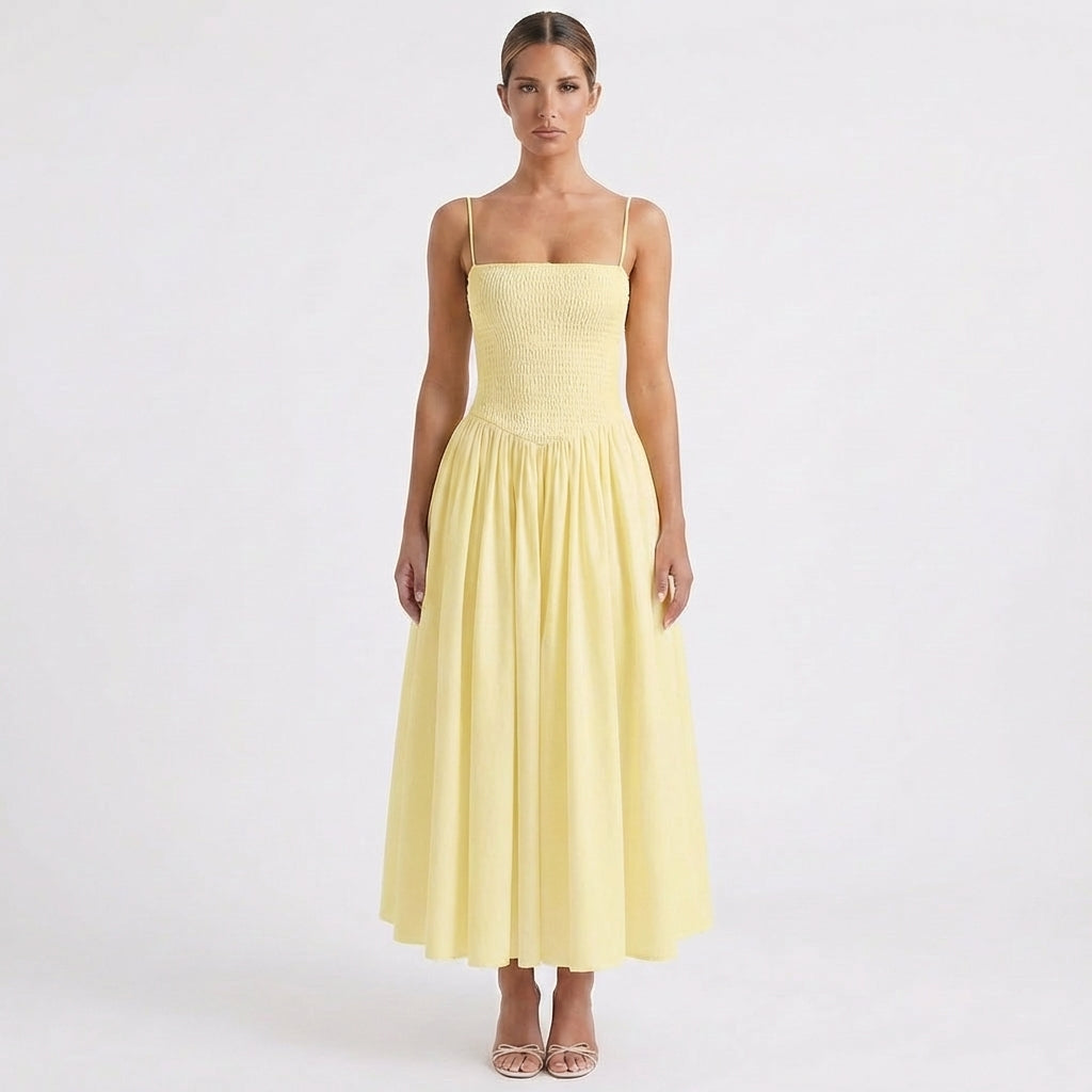 Lucia | Vestido Midi Tirantes Cuerpo Fruncido Falda Vuelo Mujer