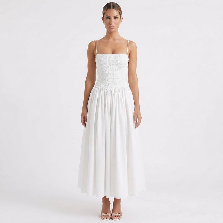 Lucia | Vestido Midi Tirantes Cuerpo Fruncido Falda Vuelo Mujer