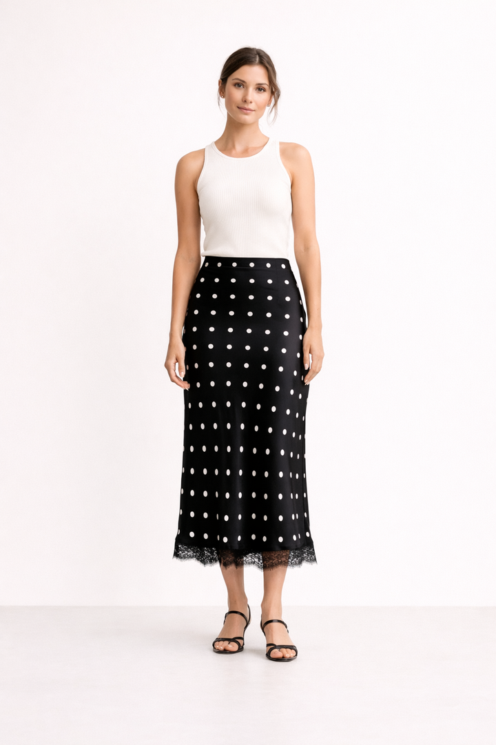 Falda midi mujer estampado lunares detalle encaje estilo elegante - Solenne
