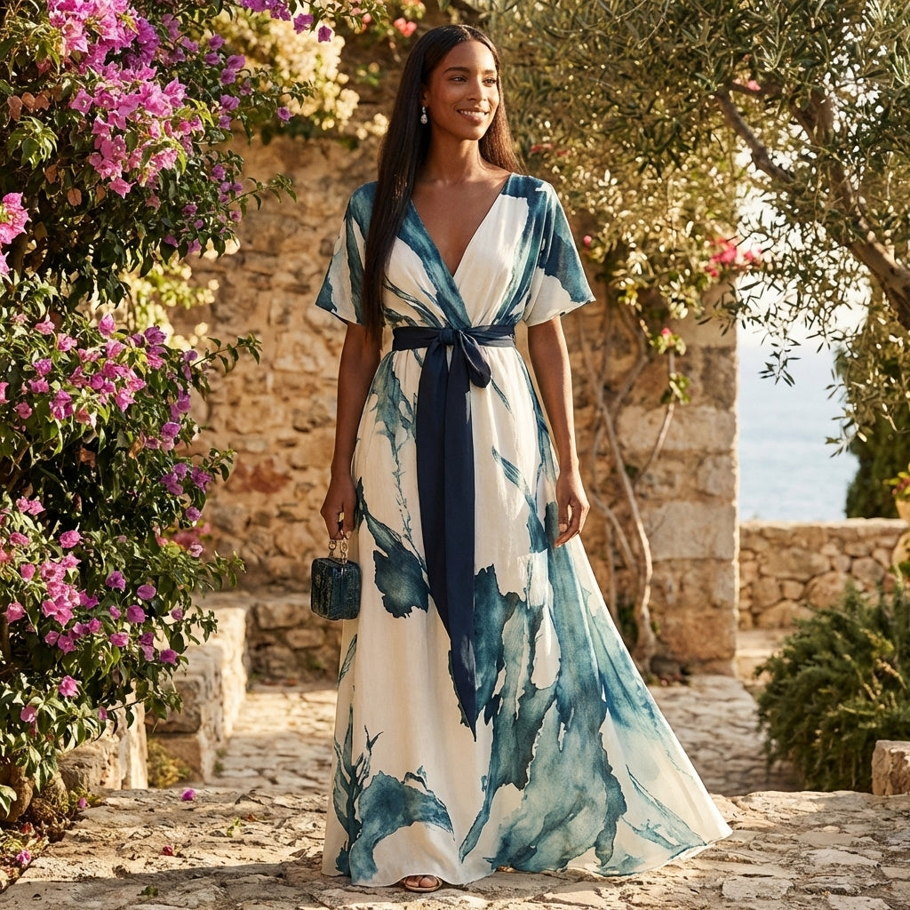 Nayla | Vestido Largo Cruzado Acuarela Mujer Elegante
